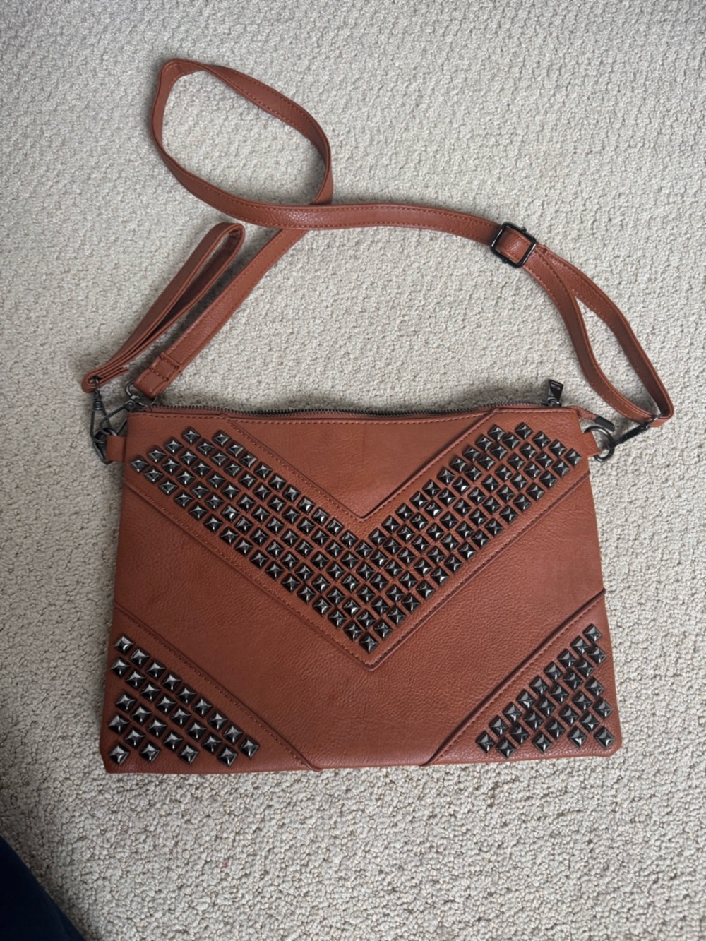 Studded Chevron Crossbody Bag in Cognac